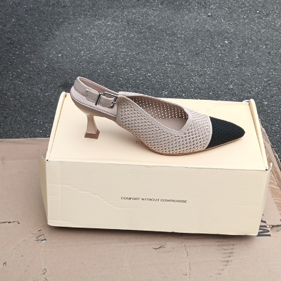 Shoes - Elegant Beige and Black Women's Slingback Heels